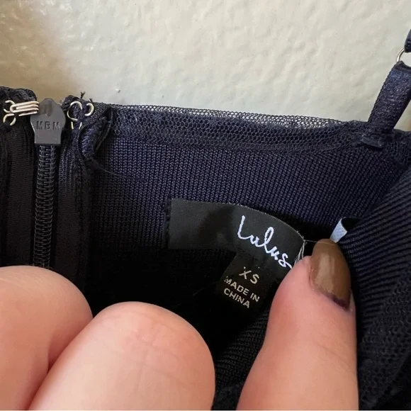 Lulus | Posh Outlook Navy Blue Swiss Dot Cutout Bodycon Dress - Picture 4 of 7